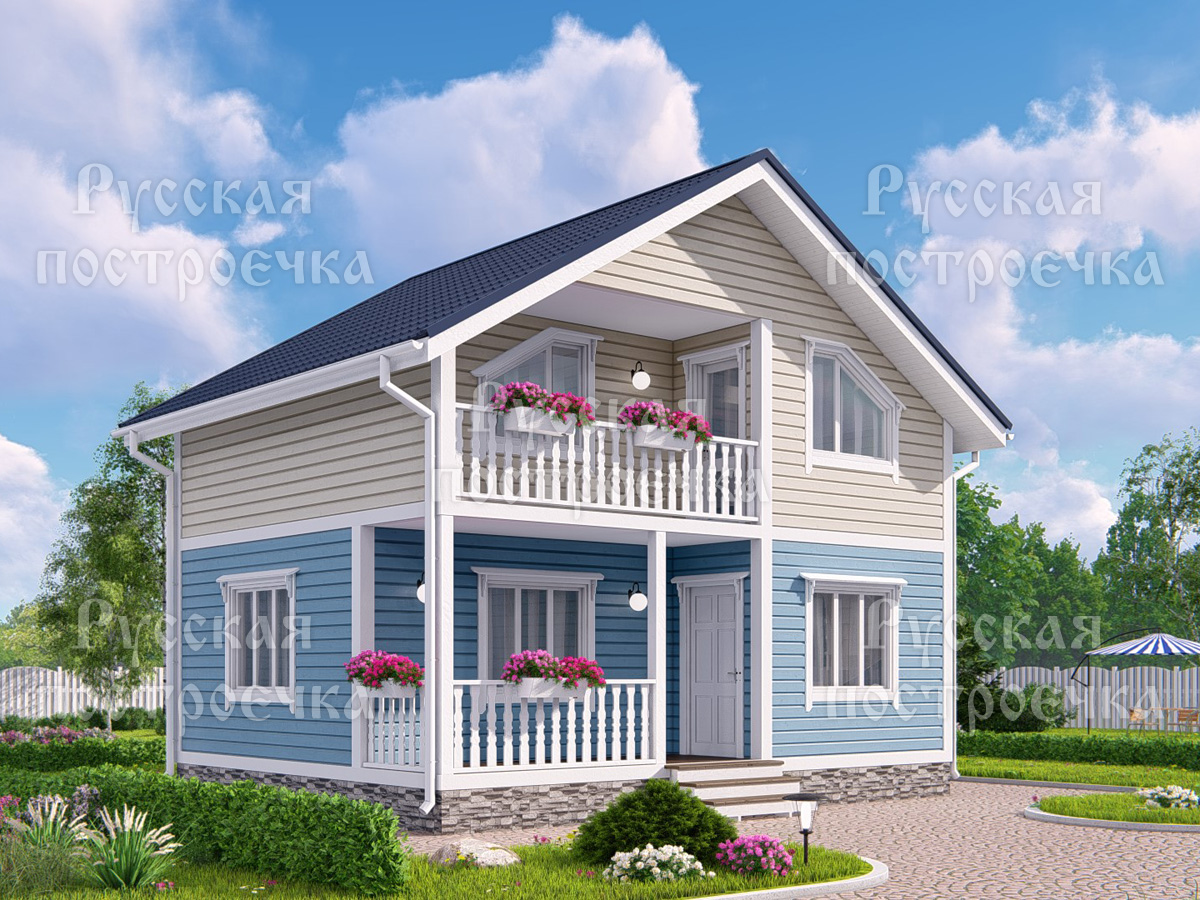 Дом из бруса 8х6 с балконом и террасой, Проект 47.2, комплектации, планировка, цены  - вид 1