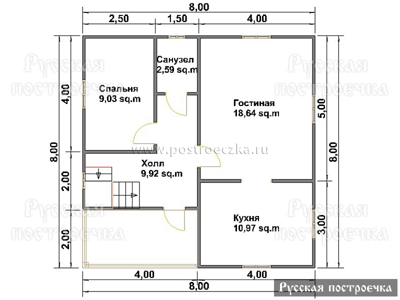 Дом из бруса 8х8 с балконом и террасой, проект 69, цены на строительство, комплектации - вид 2