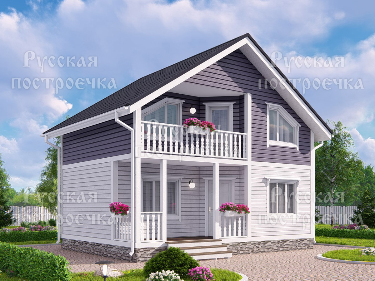 Каркасный дом 8х6 с террасой и балконом, проект КД-45, комплектации, фото, цены на строительство - вид 1