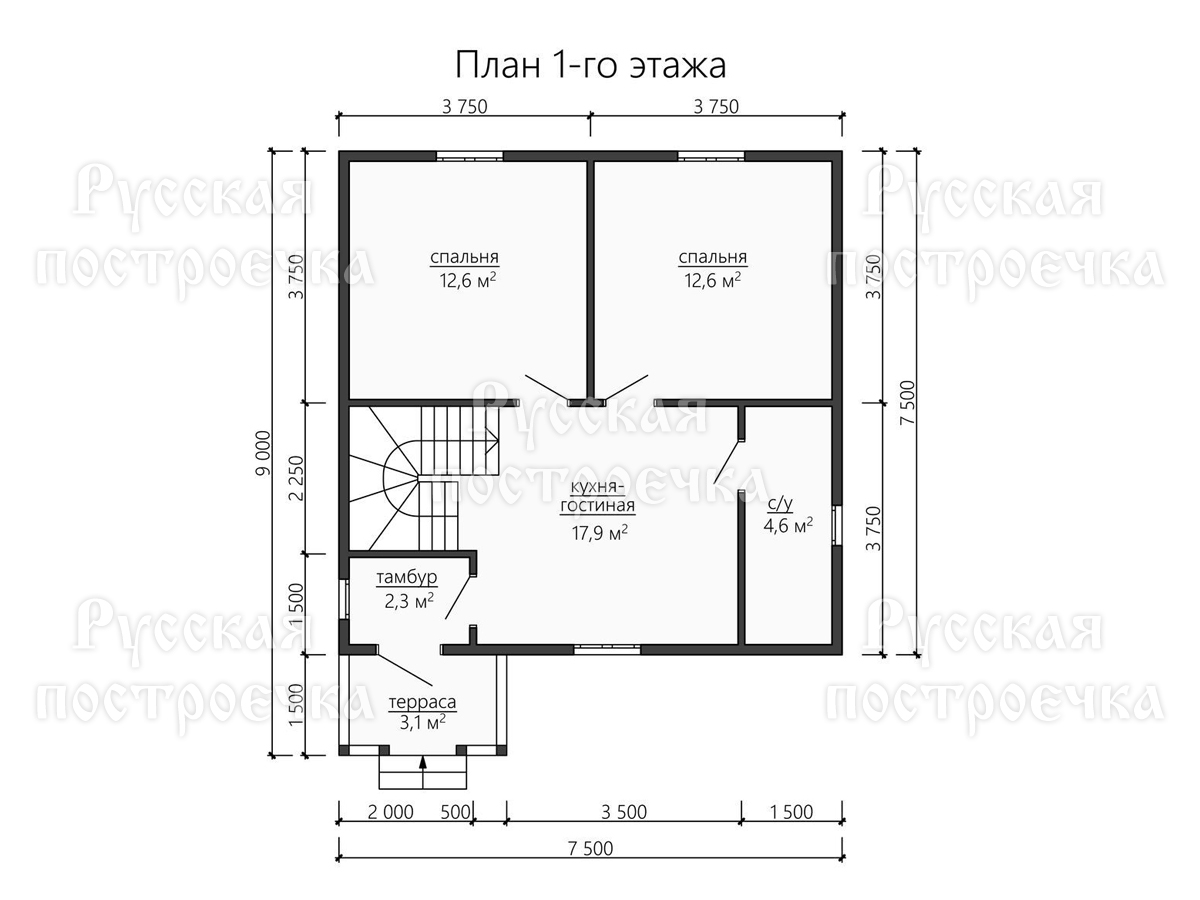 Каркасный дом 7.5х7.5 с мансардой, проект КД-32, фото, комплектации, цены на строительство - вид 3